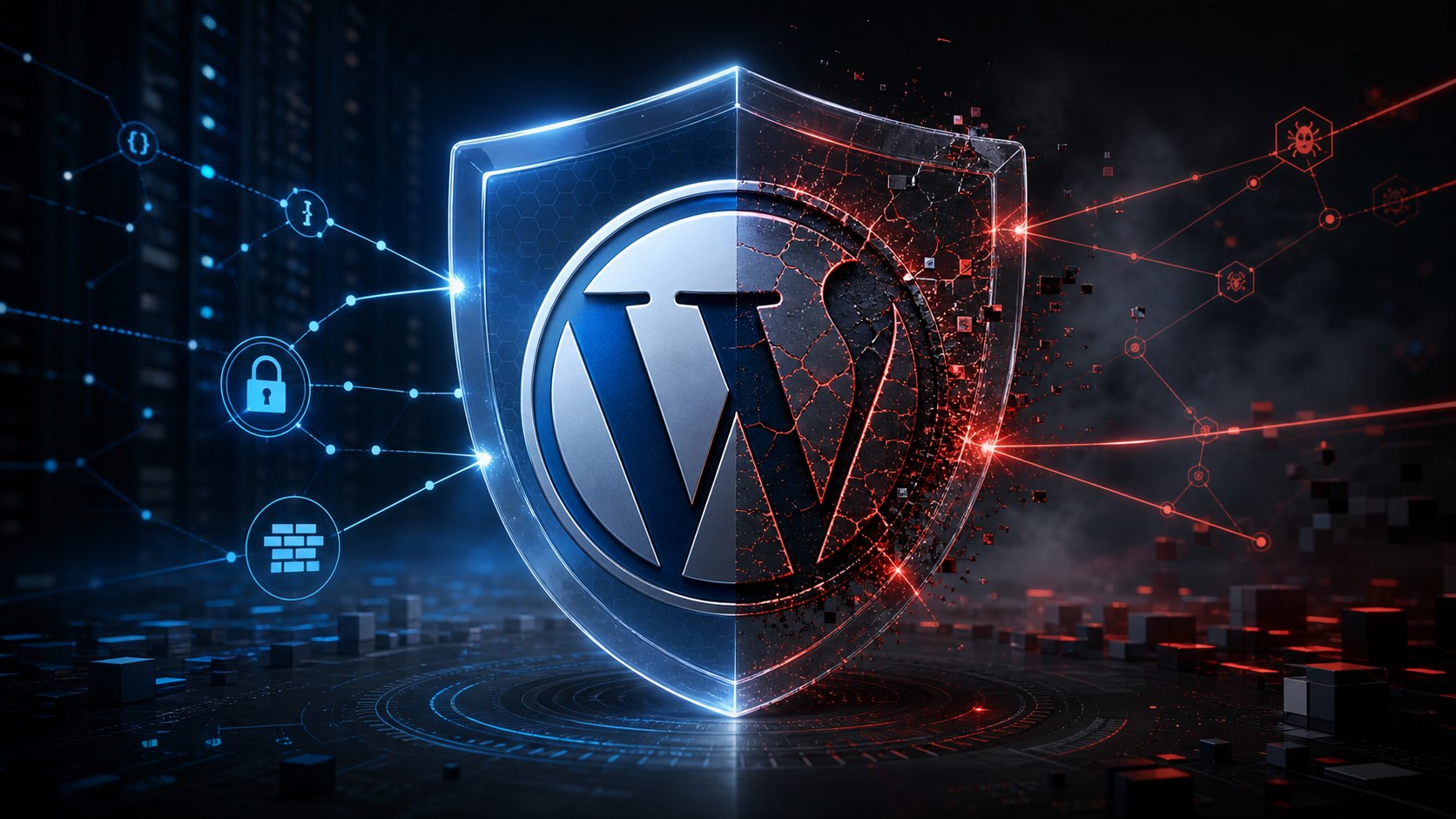 WordPress logo shield partially under attack with security and malware indicators